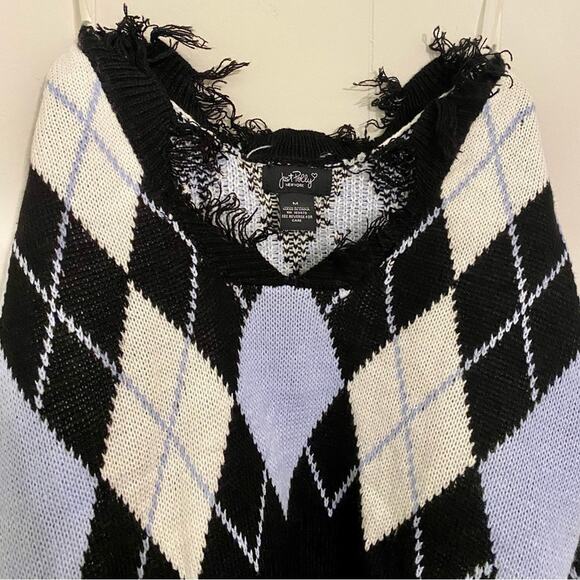 Just Polly Cropped Argyle Sweater Distressed Frayed Dark Academia Grunge Medium‎ - Picture 3 of 5